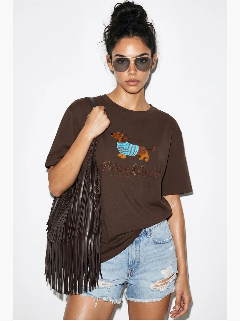 T-shirt oversize en jersey de coton imprimé lucci Marron - Kiabi