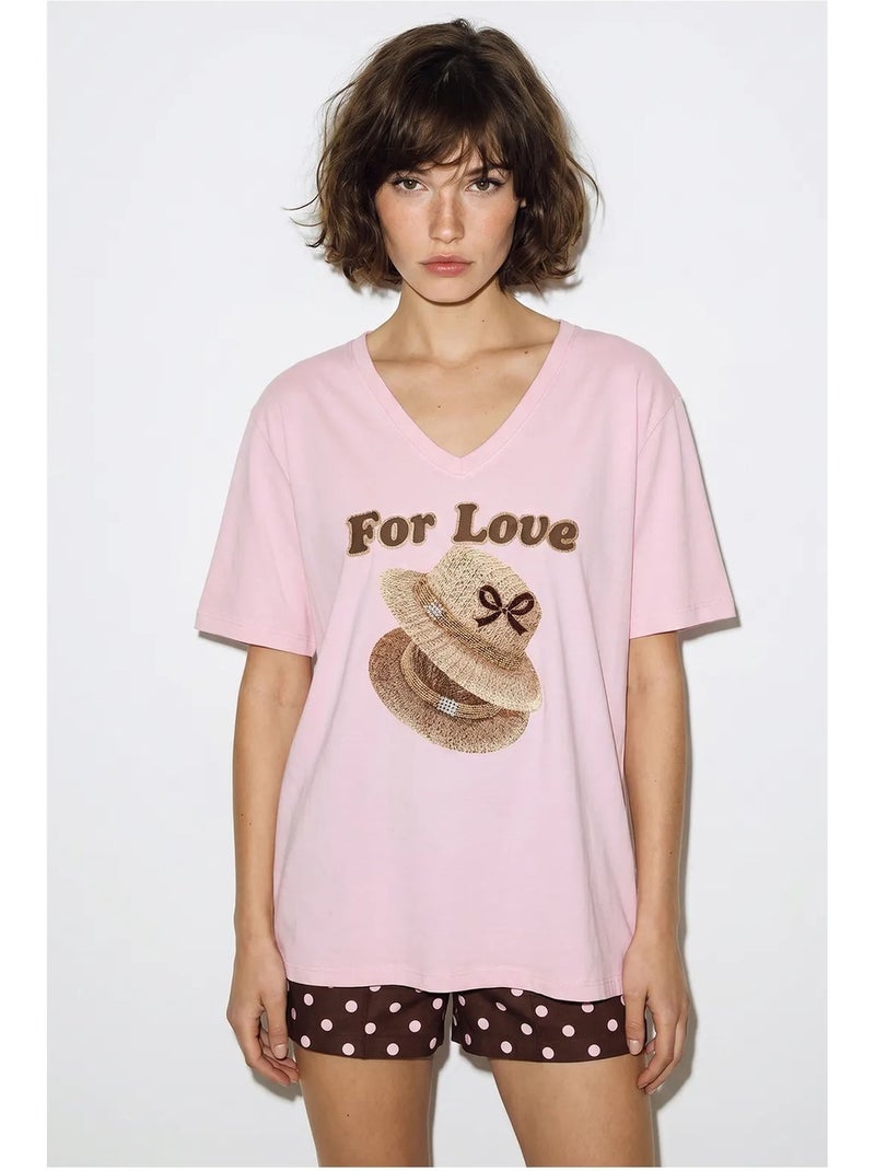 T-shirt oversize imprimé à col v lucci Rose clair - Kiabi