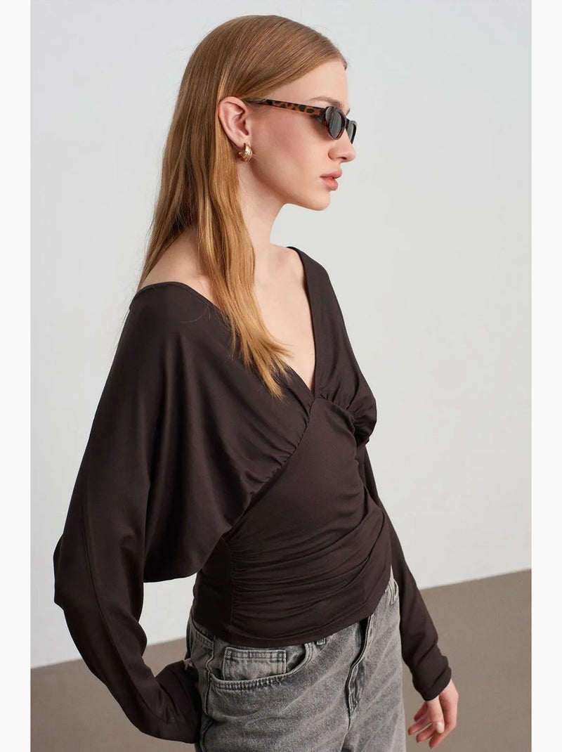 T-shirt overslag v-hals lange mouwen dilvin Chocoladebruin - Kiabi