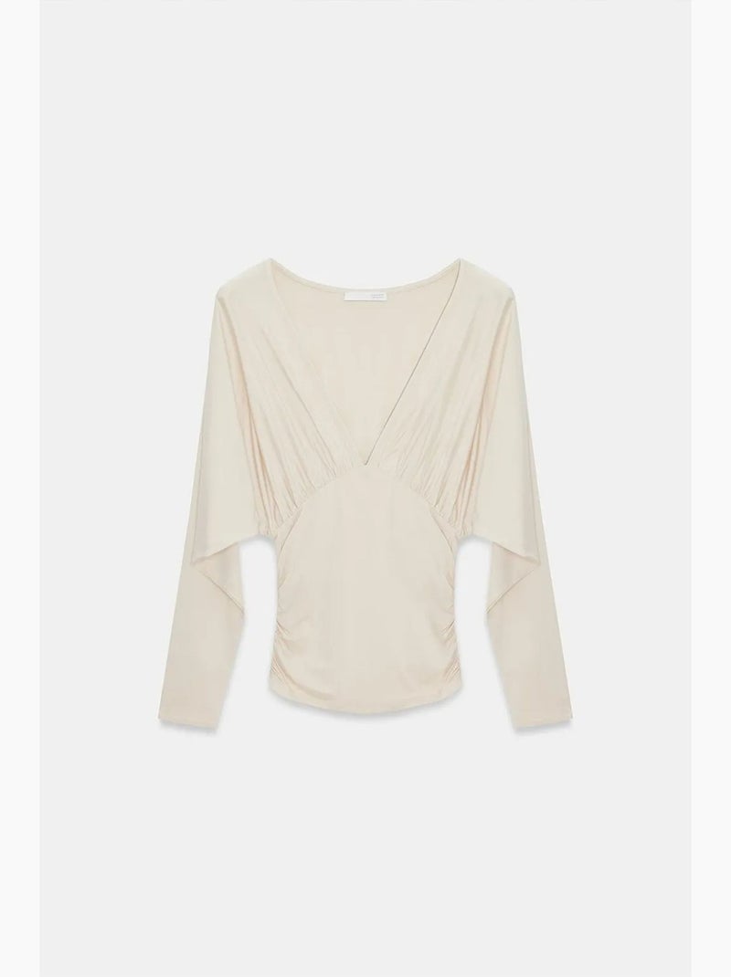 T-shirt overslag v-hals lange mouwen dilvin Crème - Kiabi