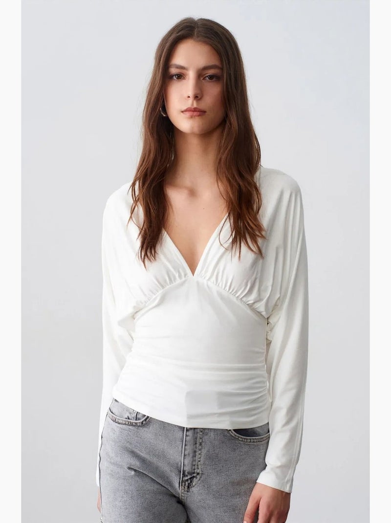 T-shirt overslag v-hals lange mouwen dilvin Wit - Kiabi