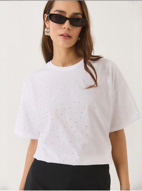 T-shirt ras du cou à manches courtes et détails pailletés lucci - Kiabi