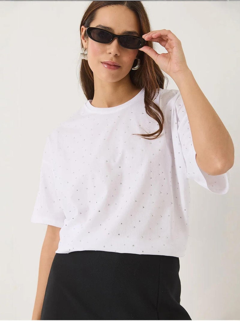T-shirt ras du cou à manches courtes et détails pailletés lucci Blanc - Kiabi