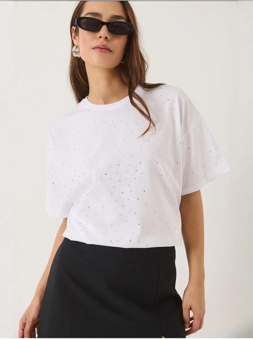 T-shirt ras du cou à manches courtes et détails pailletés lucci - Kiabi
