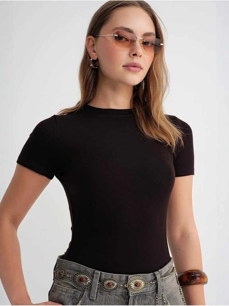 T-shirt ras du cou slim fit en coton mixray Marron foncé - Kiabi