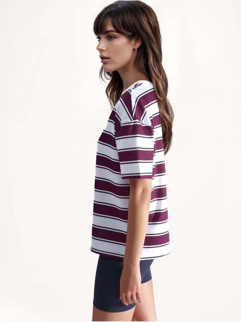 T-shirt rayé à col rond et coupe confortable hiccup Rouge bordeaux - Kiabi