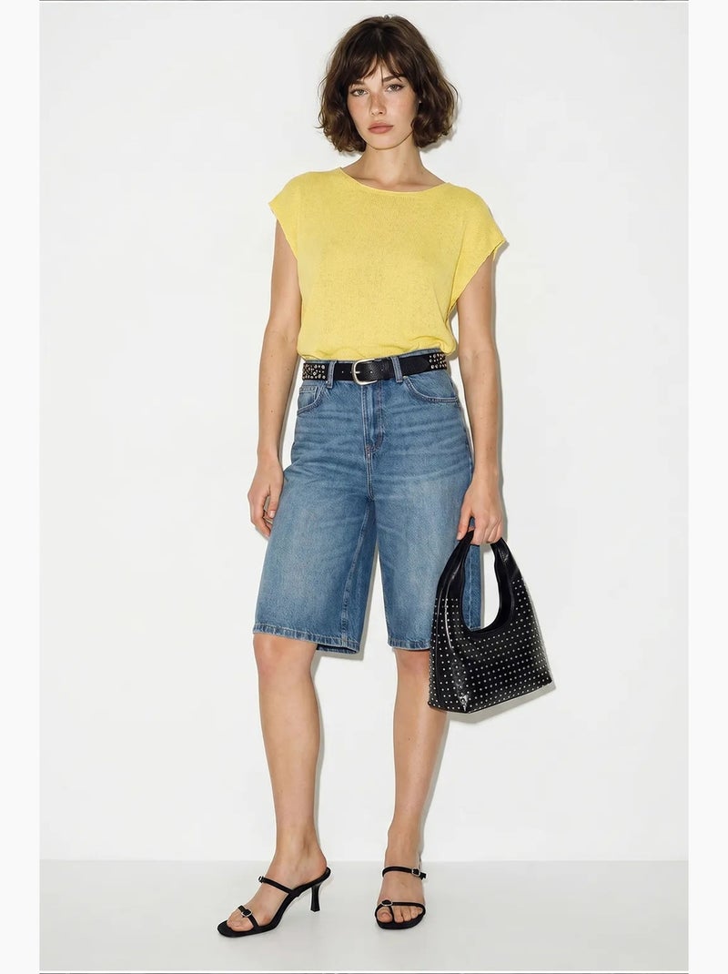 T-shirt rayé col bateau maille manches courtes lucci Jaune citron - Kiabi