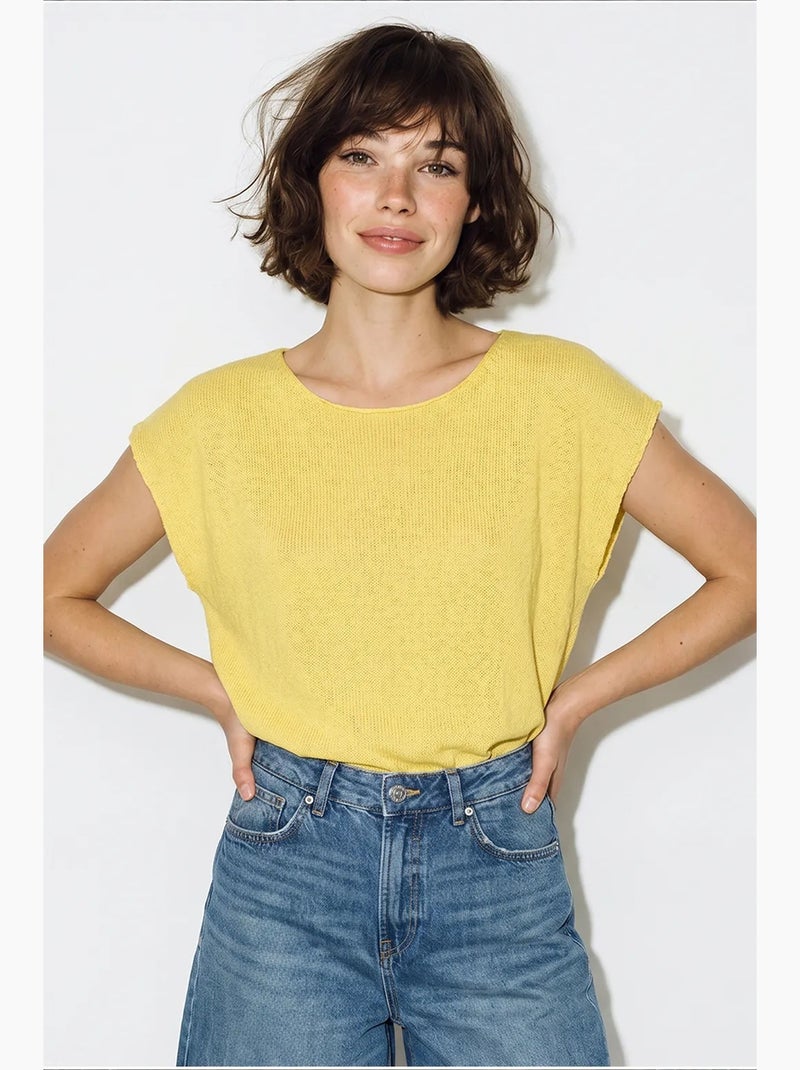 T-shirt rayé col bateau maille manches courtes lucci Jaune citron - Kiabi