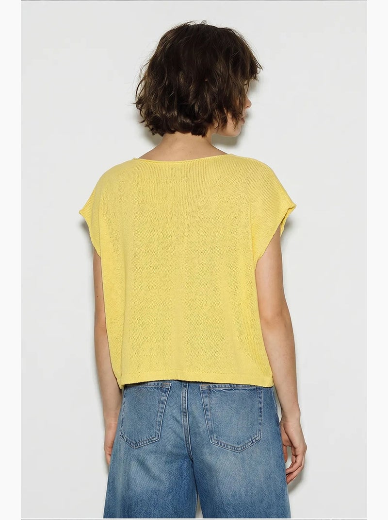 T-shirt rayé col bateau maille manches courtes lucci Jaune citron - Kiabi
