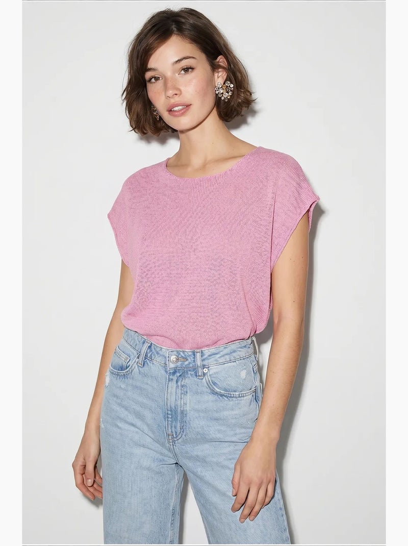 T-shirt rayé col bateau maille manches courtes lucci Rose - Kiabi