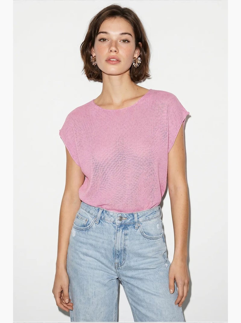 T-shirt rayé col bateau maille manches courtes lucci Rose - Kiabi