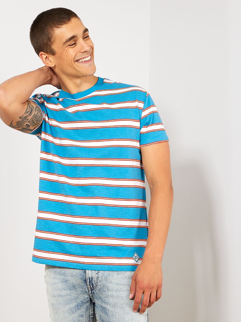 T-shirt rayé esprit vintage bleu turquoise/rouge/blanc - Kiabi