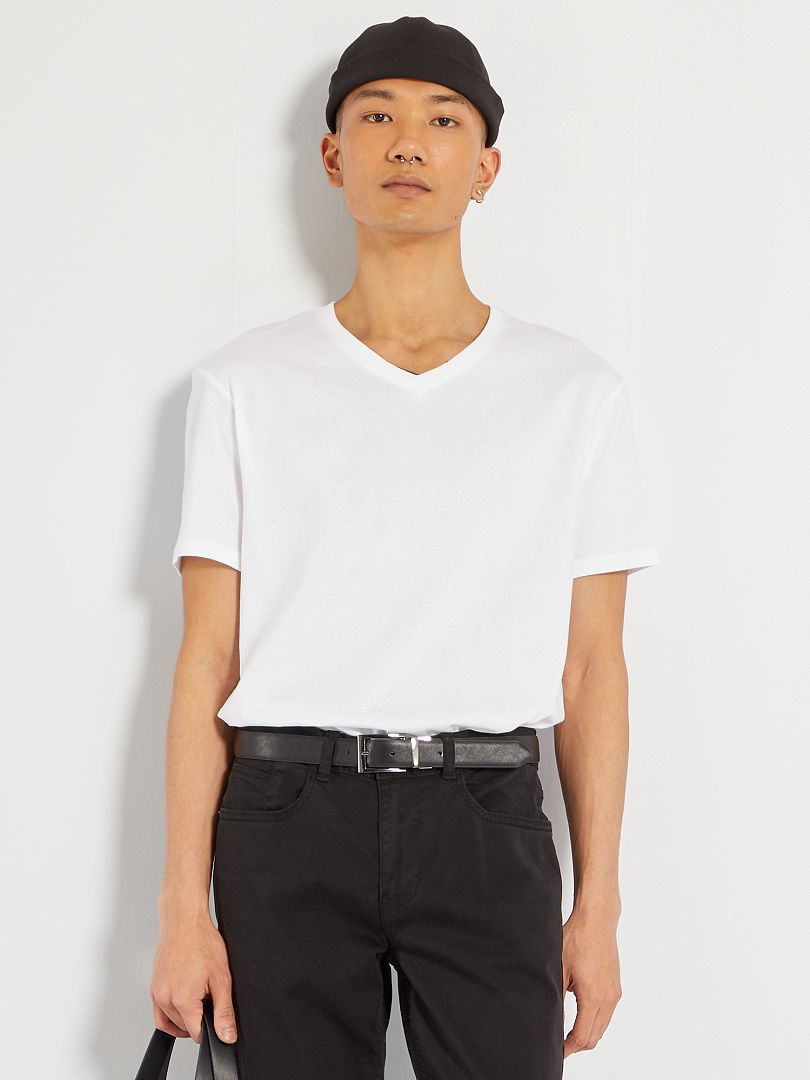 T-shirt regular col V en coton blanc - Kiabi