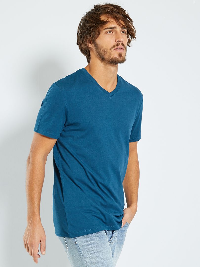 T-shirt regular col V en coton bleu canard - Kiabi