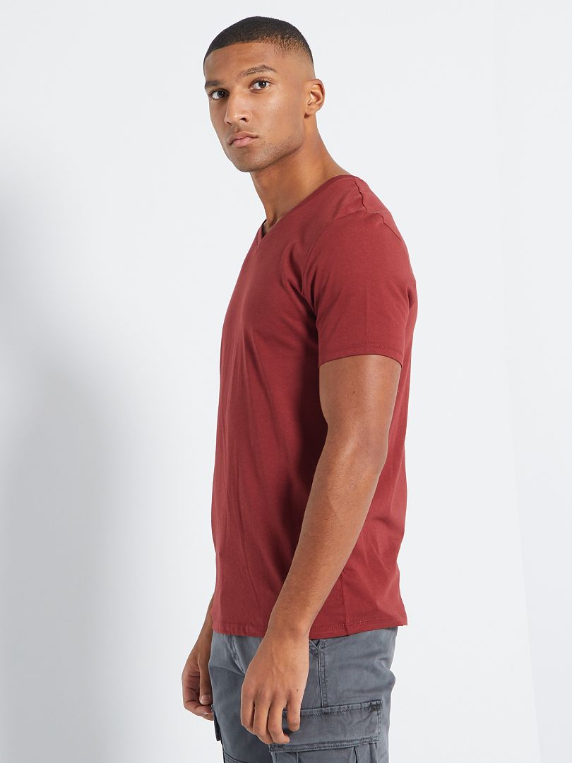 T-shirt regular col V en coton bordeaux - Kiabi