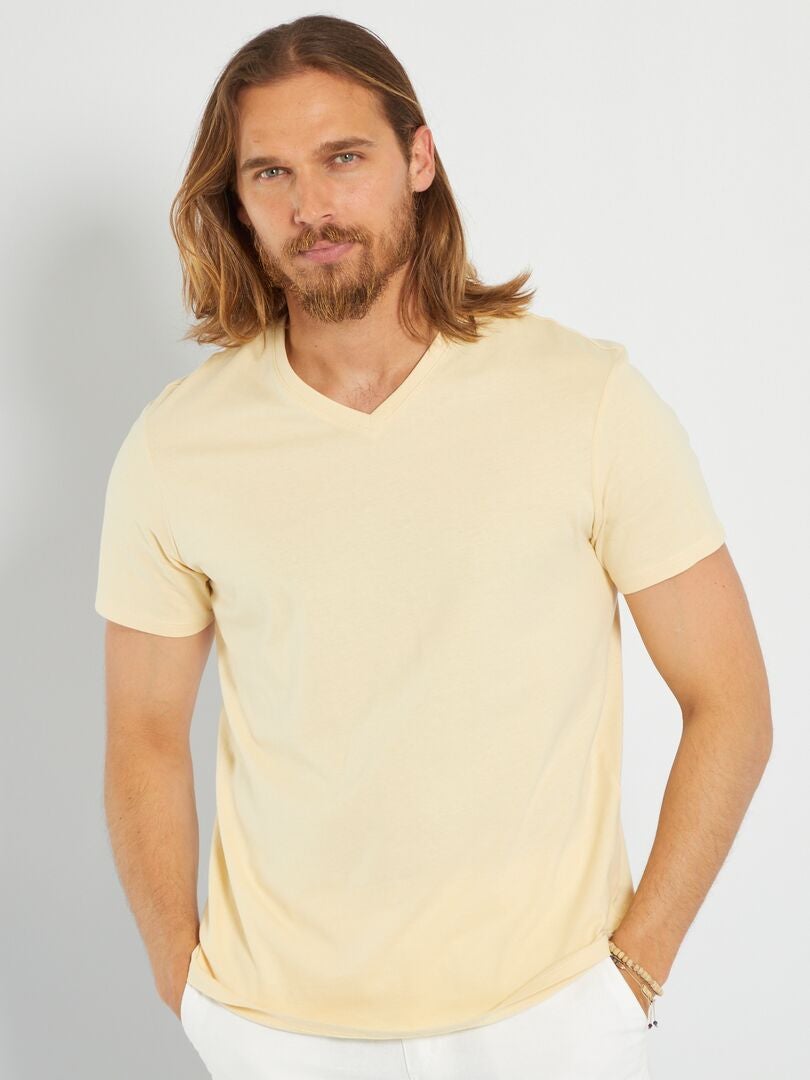 T-shirt regular col V en coton Jaune clair - Kiabi