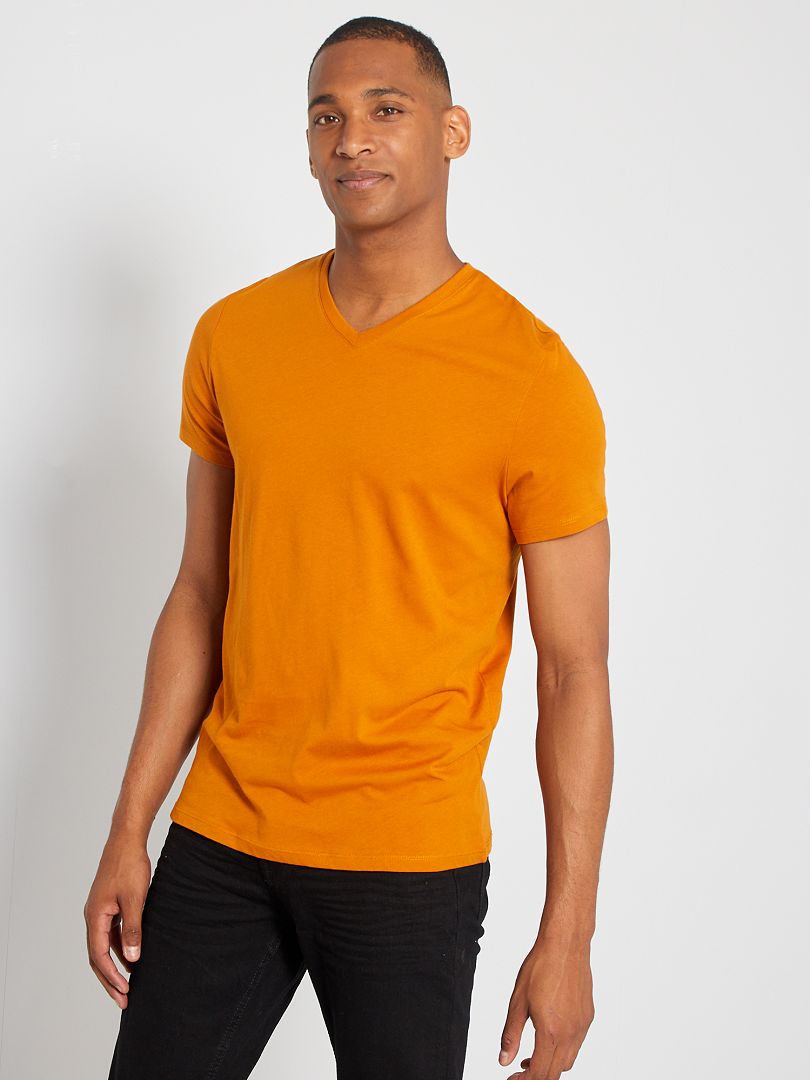 T-shirt regular col V en coton orange - Kiabi
