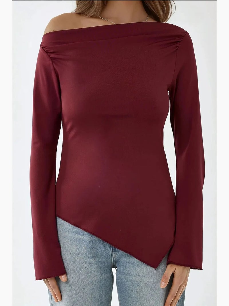 T-shirt ribgebreid asymmetrisch met split lange mouw hiccup Rood - Kiabi