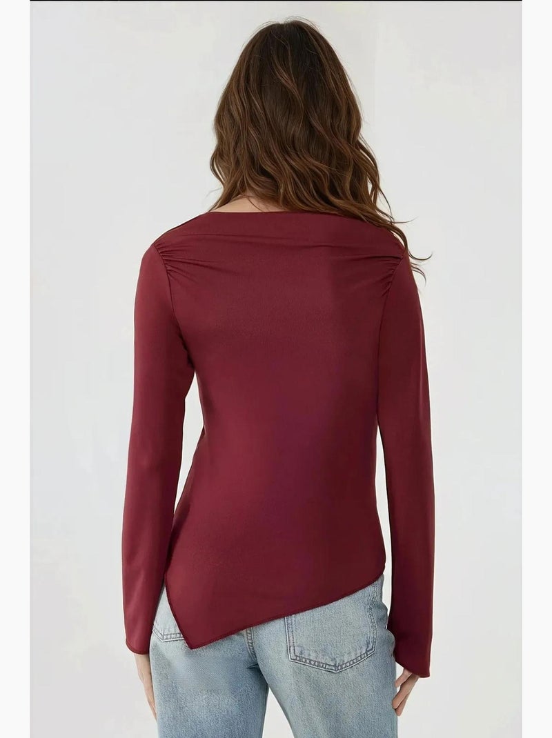 T-shirt ribgebreid asymmetrisch met split lange mouw hiccup Rood - Kiabi