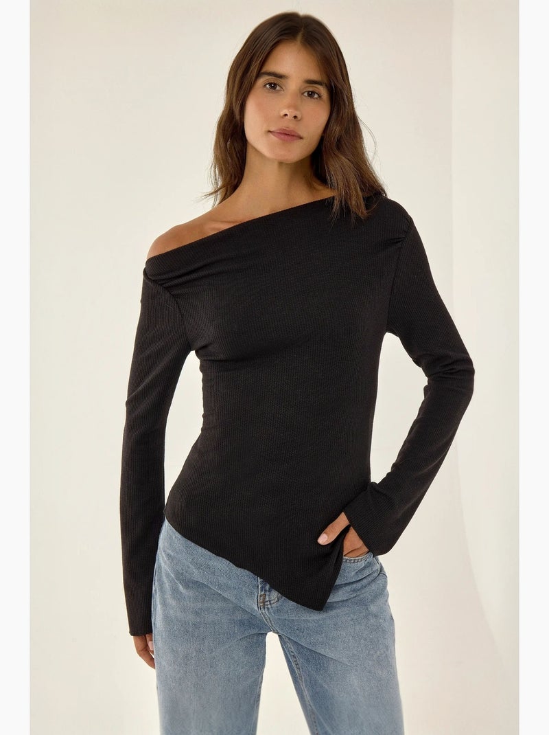 T-shirt ribgebreid asymmetrisch met split lange mouw hiccup Zwart - Kiabi