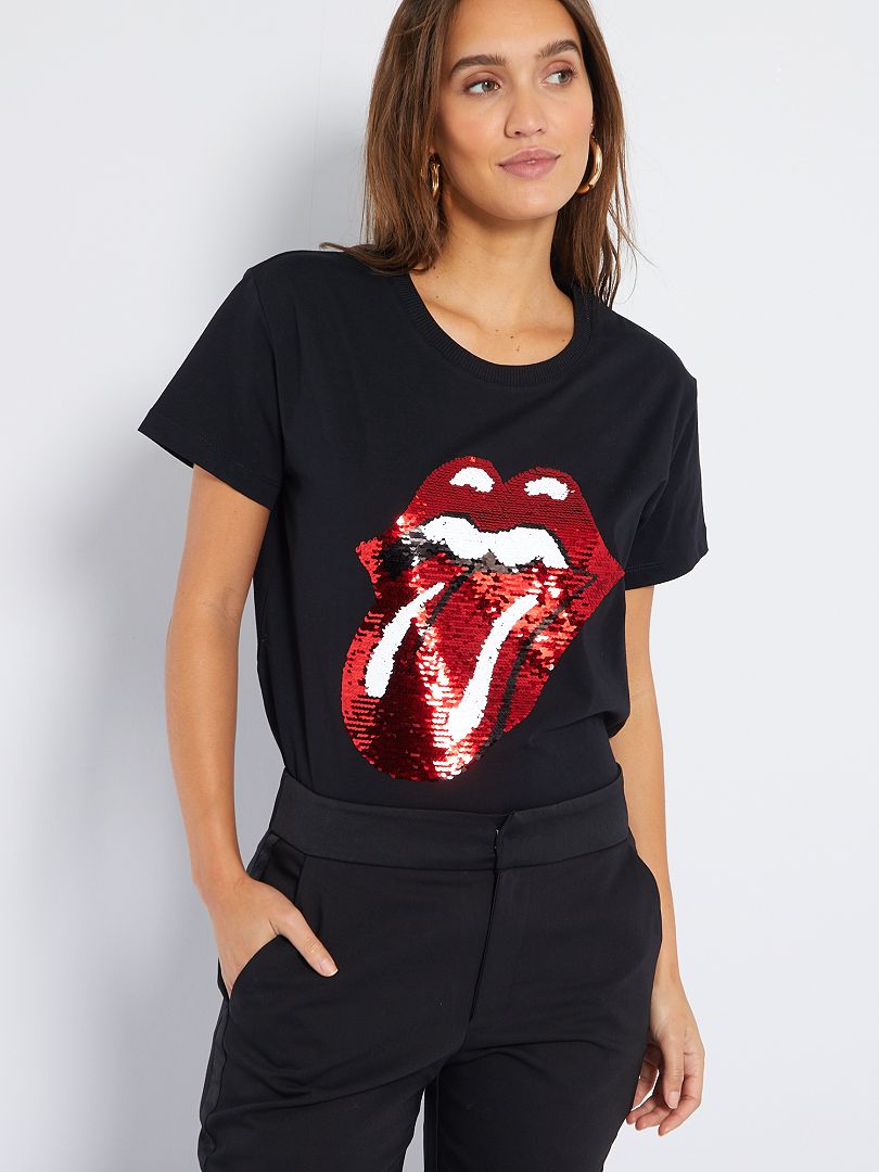 T-shirt 'Rolling Stones' à sequins réversibles noir - Kiabi