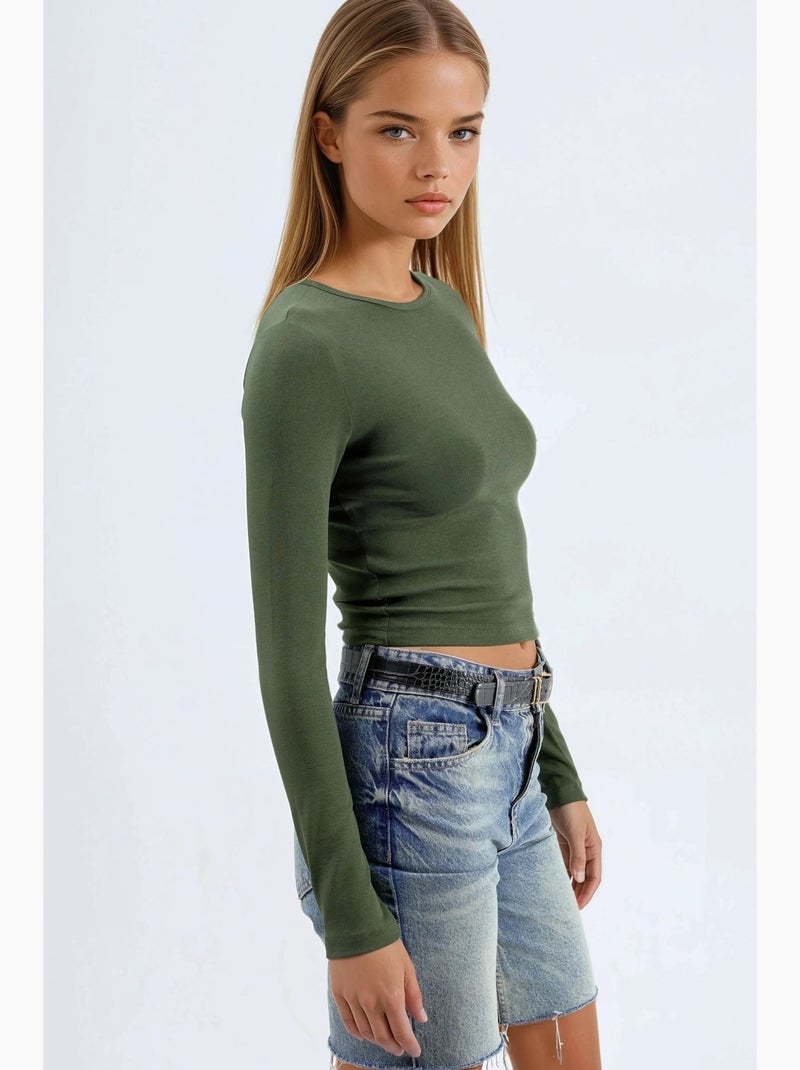 T-shirt ronde hals lange mouw busem Kaki - Kiabi