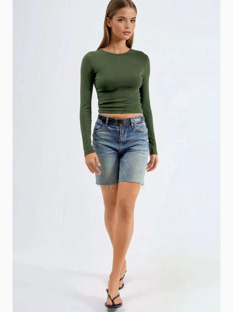 T-shirt ronde hals lange mouw busem Kaki - Kiabi