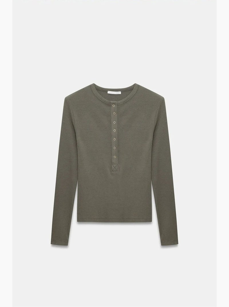 T-shirt ronde hals lange mouw rib met knopen dilvin Kaki - Kiabi