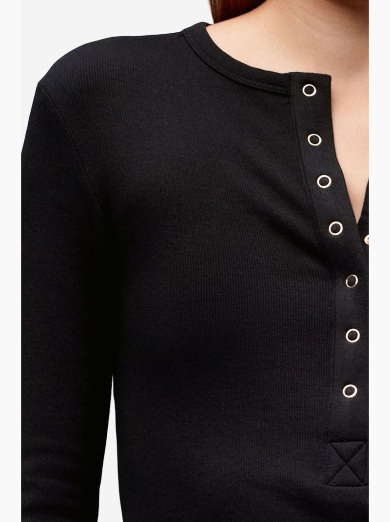 T-shirt ronde hals lange mouw rib met knopen dilvin Zwart - Kiabi