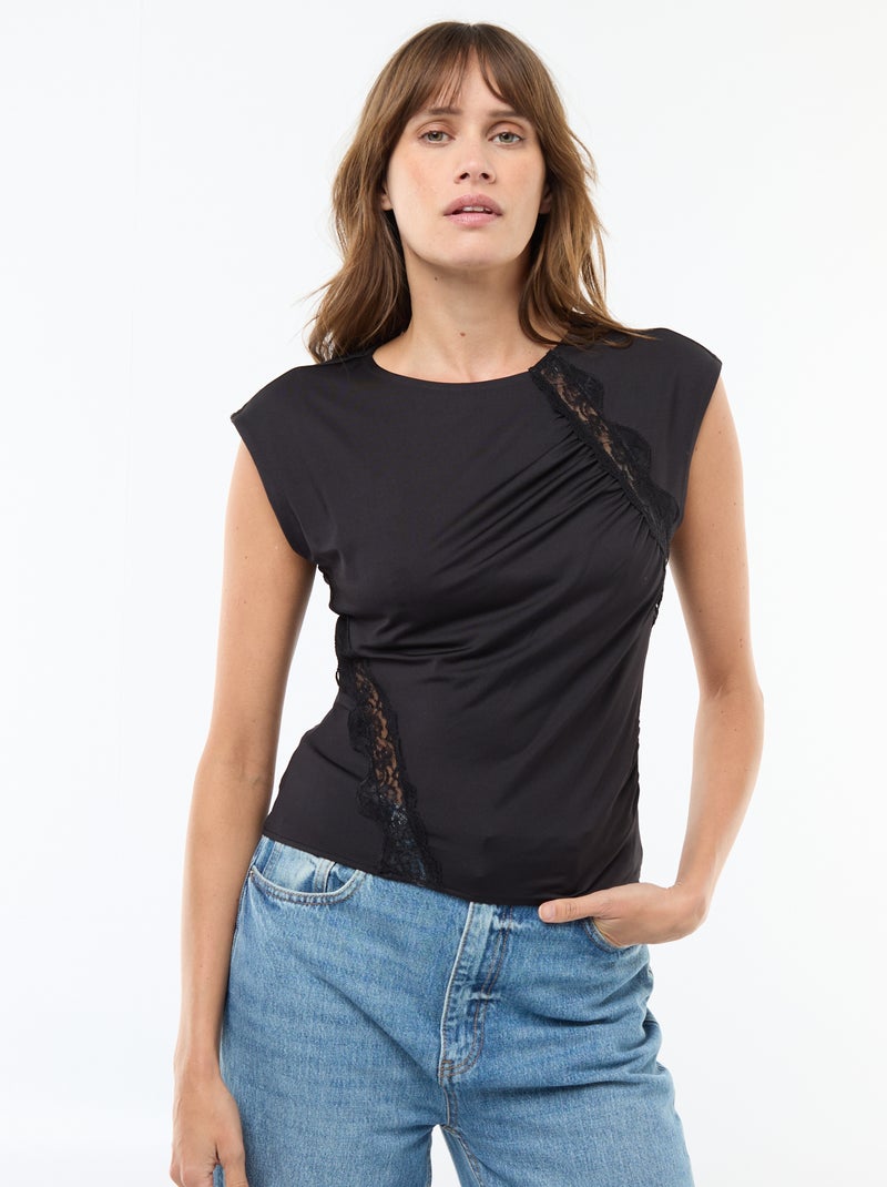 T-shirt sans manches dentelles devant Noir - Kiabi