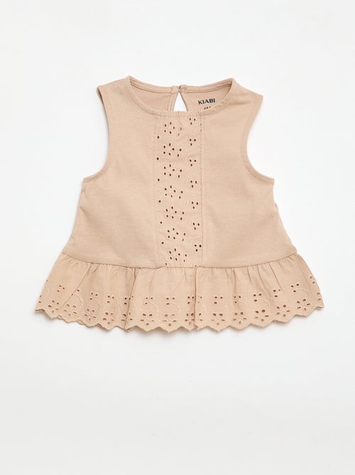 T-shirt sans manches en jersey de coton et détails en broderie anglaise - Kiabi