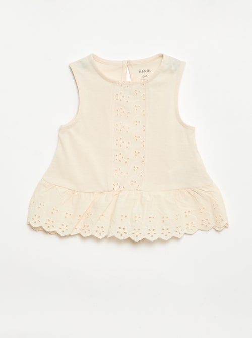 T-shirt sans manches en jersey de coton et détails en broderie anglaise - Kiabi