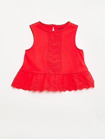 T-shirt sans manches en jersey de coton et détails en broderie anglaise