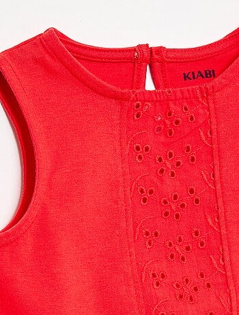 T-shirt sans manches en jersey de coton et détails en broderie anglaise