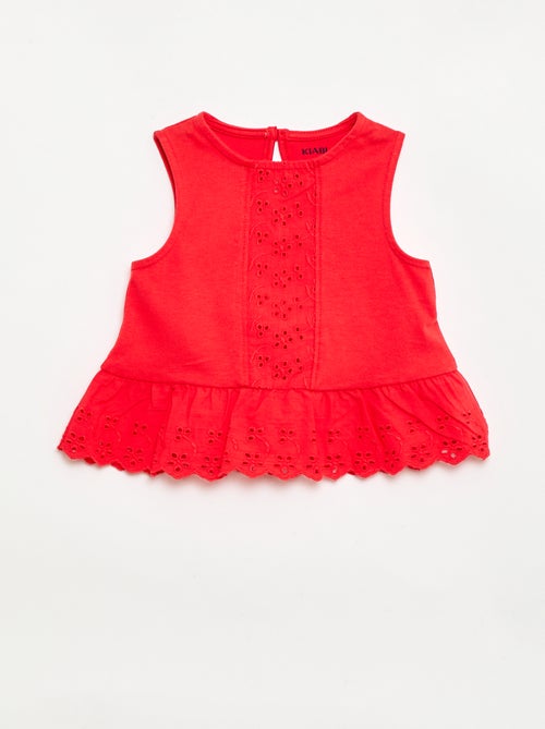 T-shirt sans manches en jersey de coton et détails en broderie anglaise - Kiabi