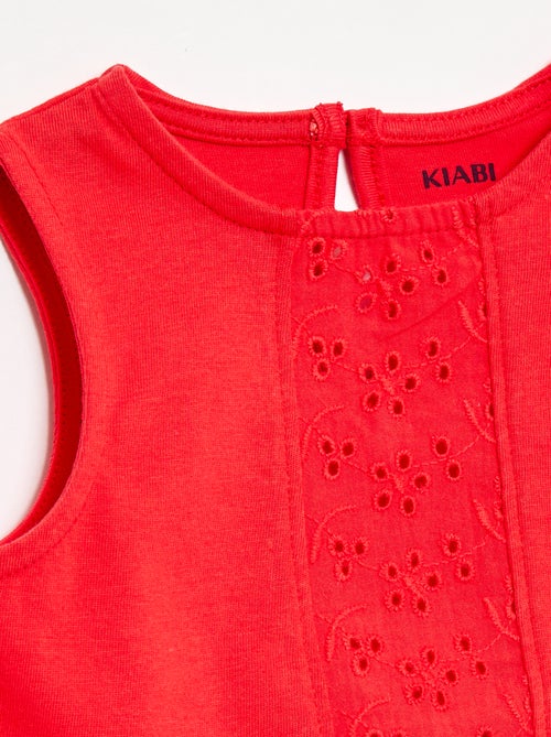 T-shirt sans manches en jersey de coton et détails en broderie anglaise - Kiabi