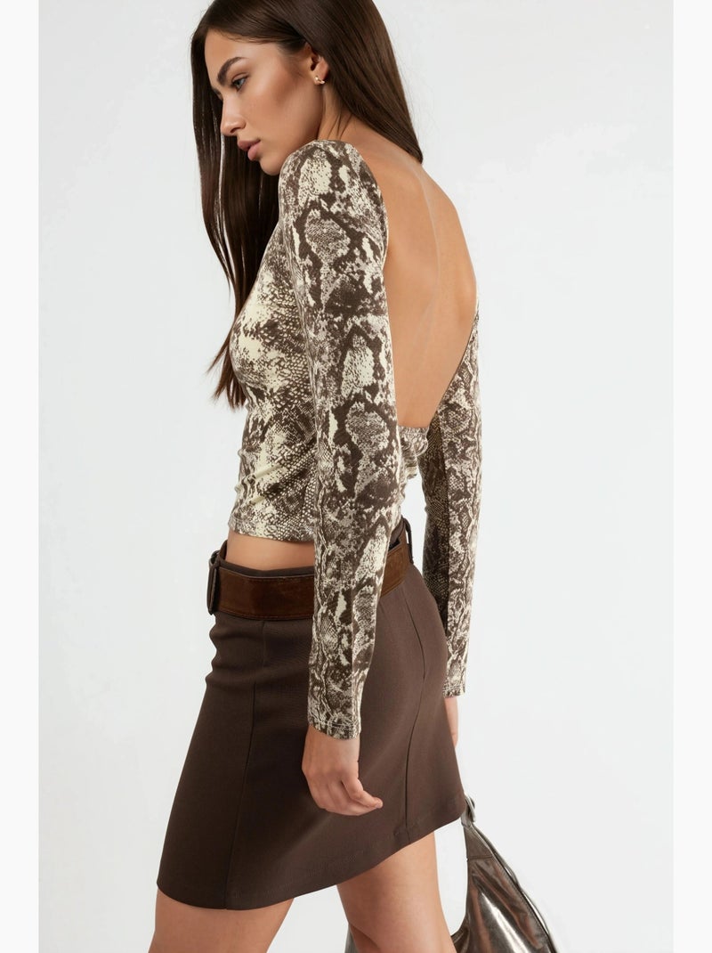 T-shirt slangenprint boothals kort lange mouwen busem Bruin - Kiabi