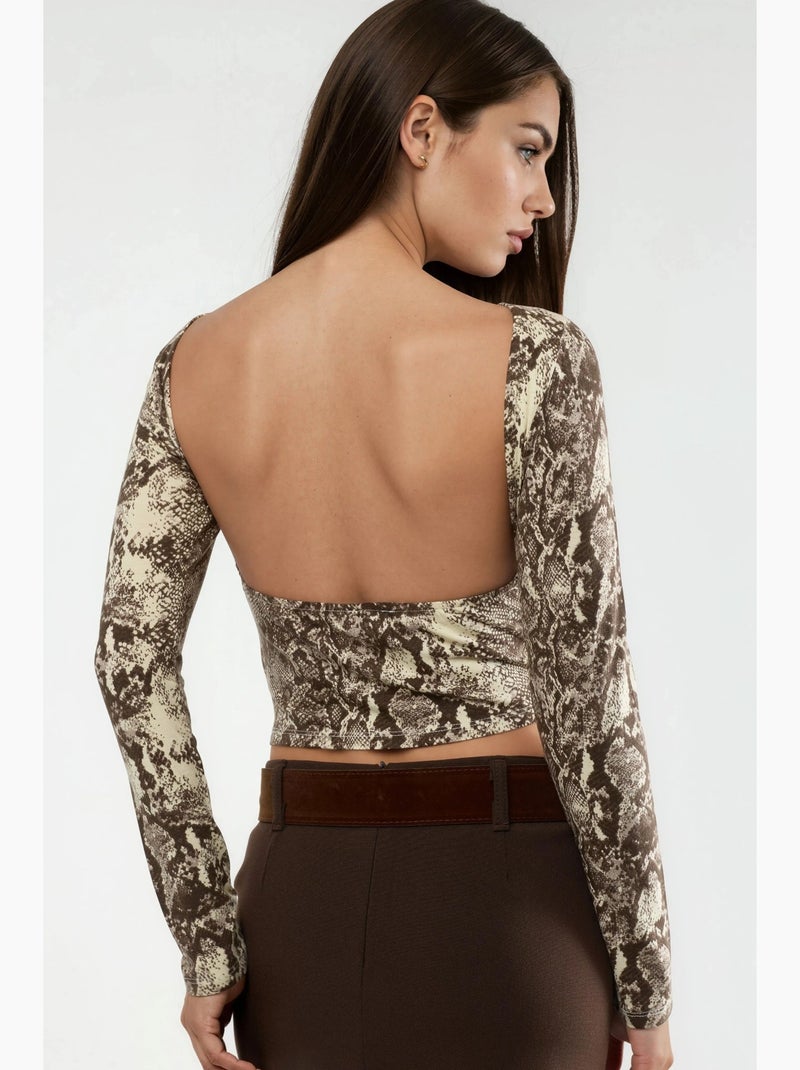 T-shirt slangenprint boothals kort lange mouwen busem Bruin - Kiabi