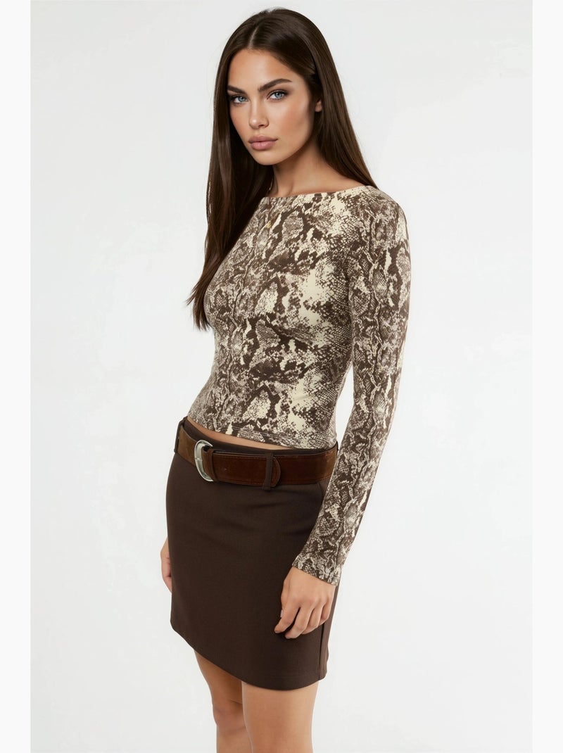 T-shirt slangenprint boothals kort lange mouwen busem Bruin - Kiabi