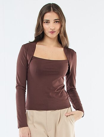 T-shirt stretch uni à manches longues et col carré