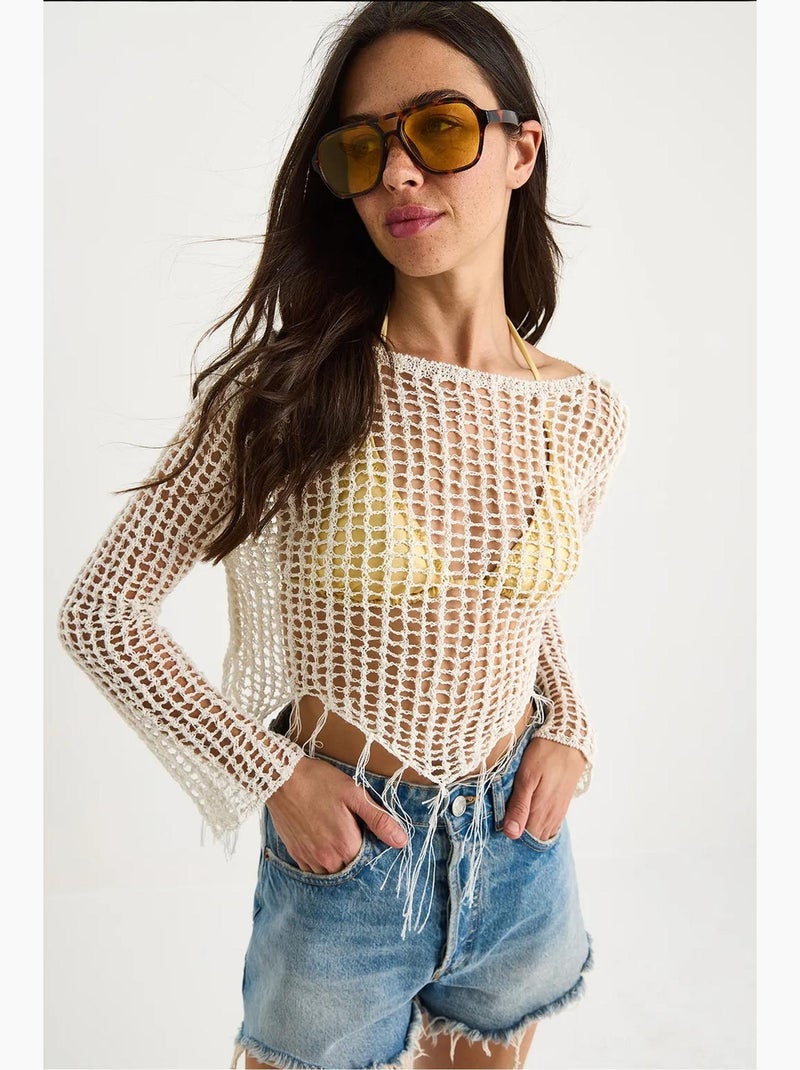 T-shirt structuur met uitsnijding kort lange mouwen lucci Gebroken wit - Kiabi