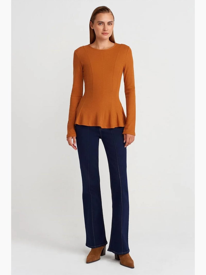 T-shirt structuur peplum lange mouwen dilvin Camel - Kiabi