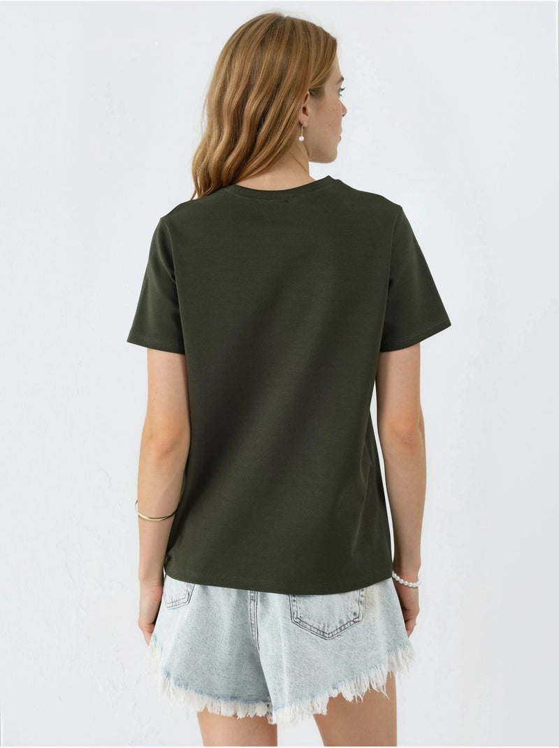 T-shirt uni à col rond busem Kaki - Kiabi