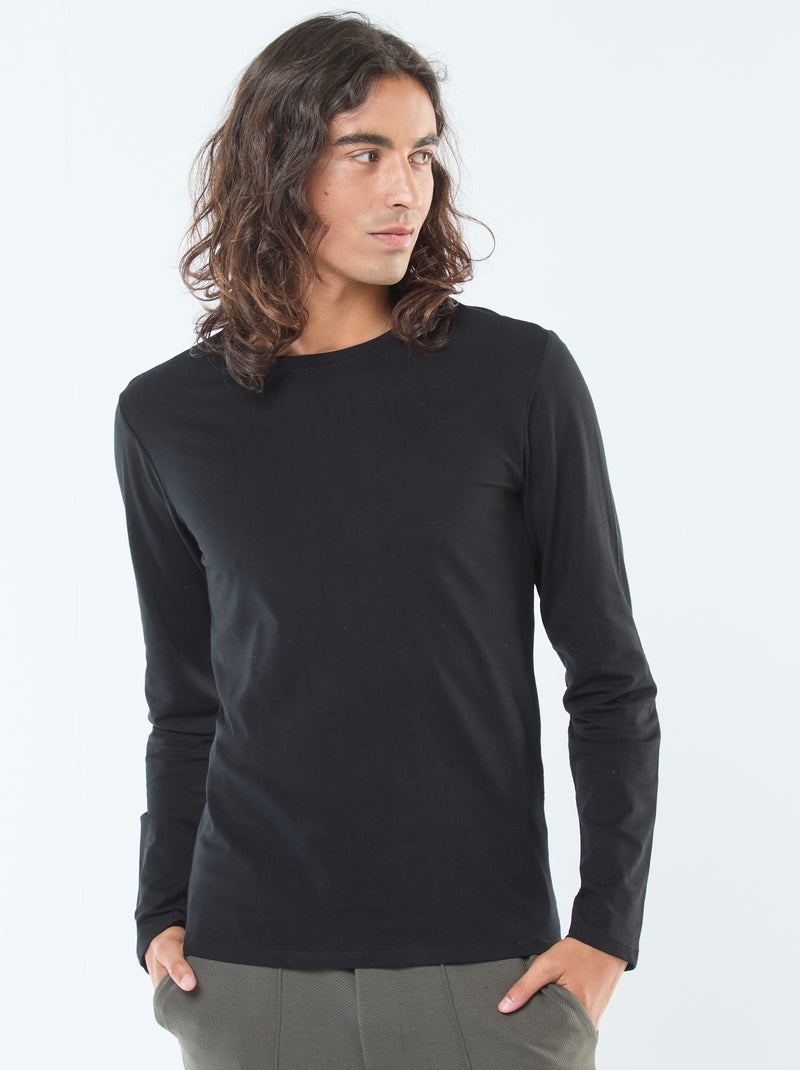 T-shirt uni à manches courtes et col rond Noir - Kiabi