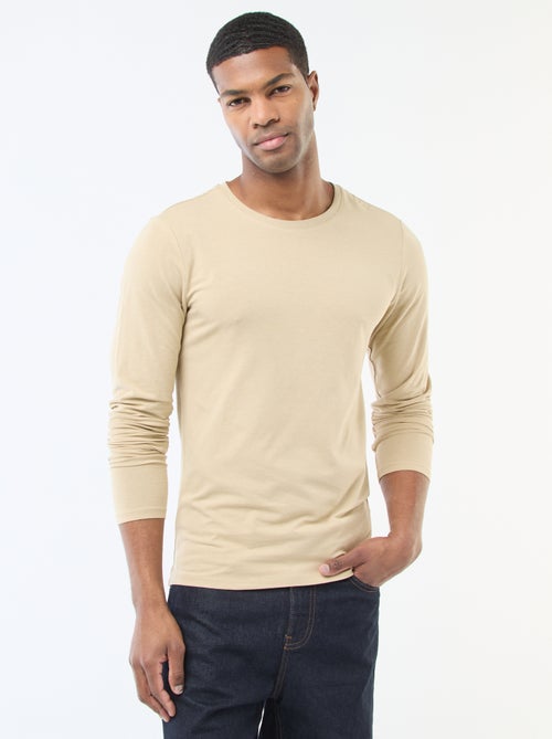 T-shirt uni à manches longues et col rond - Kiabi