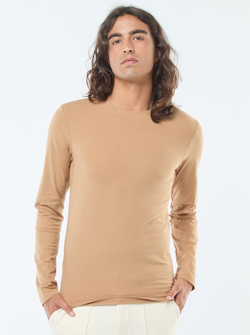 T-shirt uni à manches longues et col rond Beige - Kiabi
