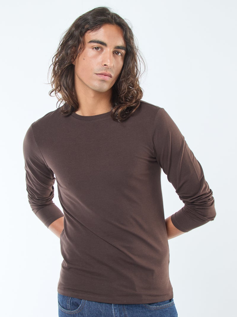 T-shirt uni à manches longues et col rond Marron - Kiabi