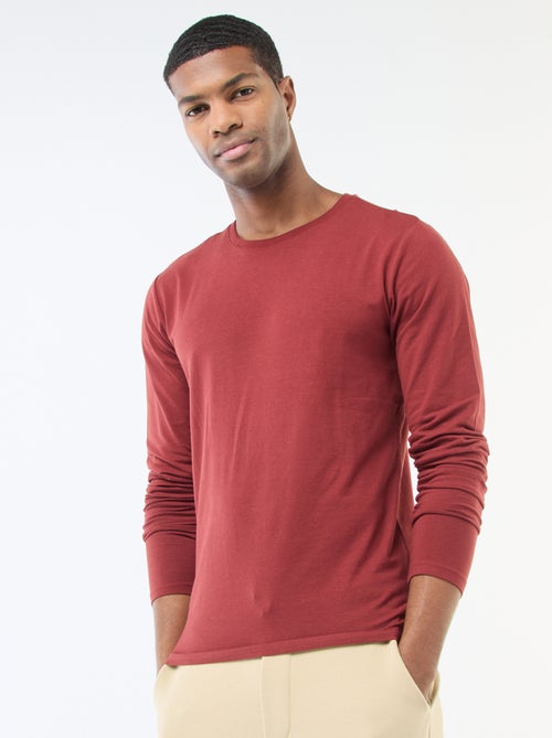 T-shirt uni à manches longues et col rond - Kiabi