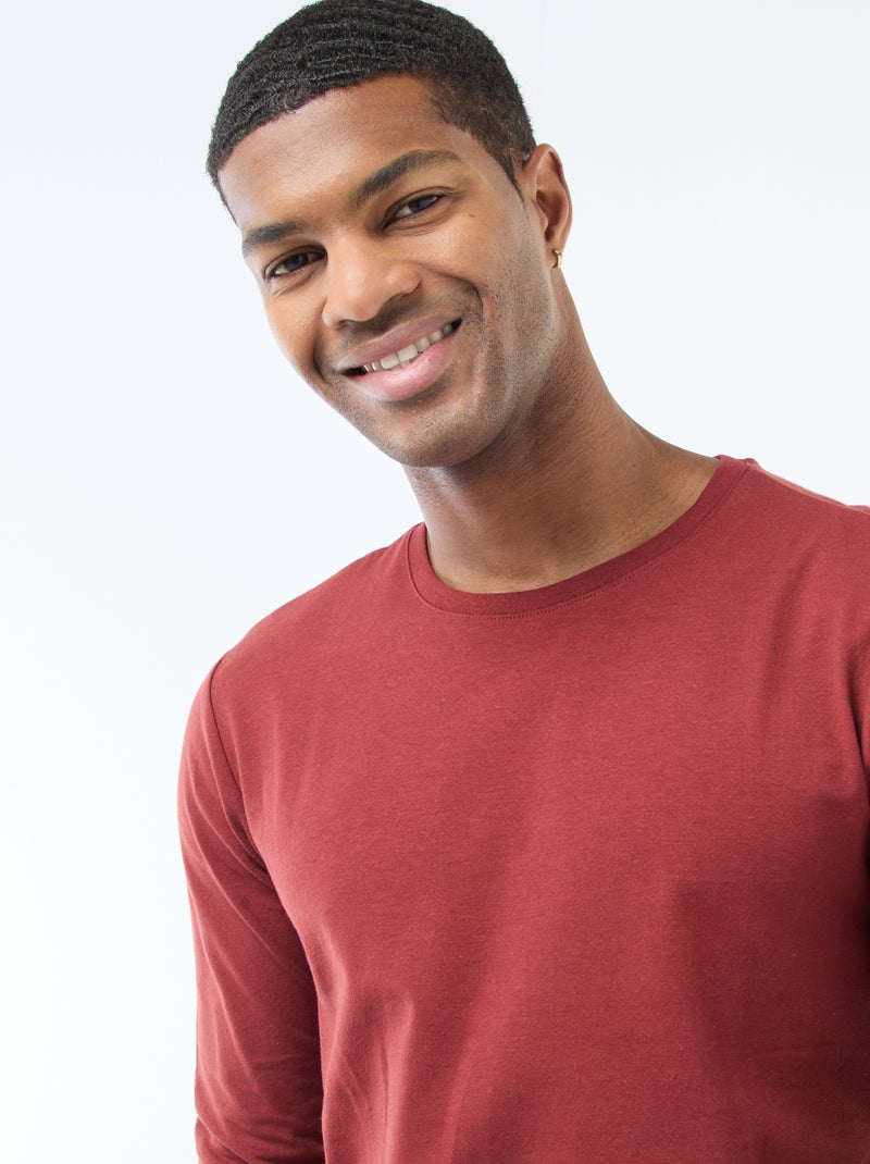 T-shirt uni à manches longues et col rond Rouge - Kiabi