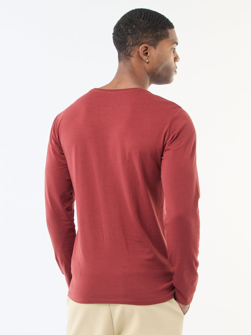T-shirt uni à manches longues et col rond Rouge - Kiabi